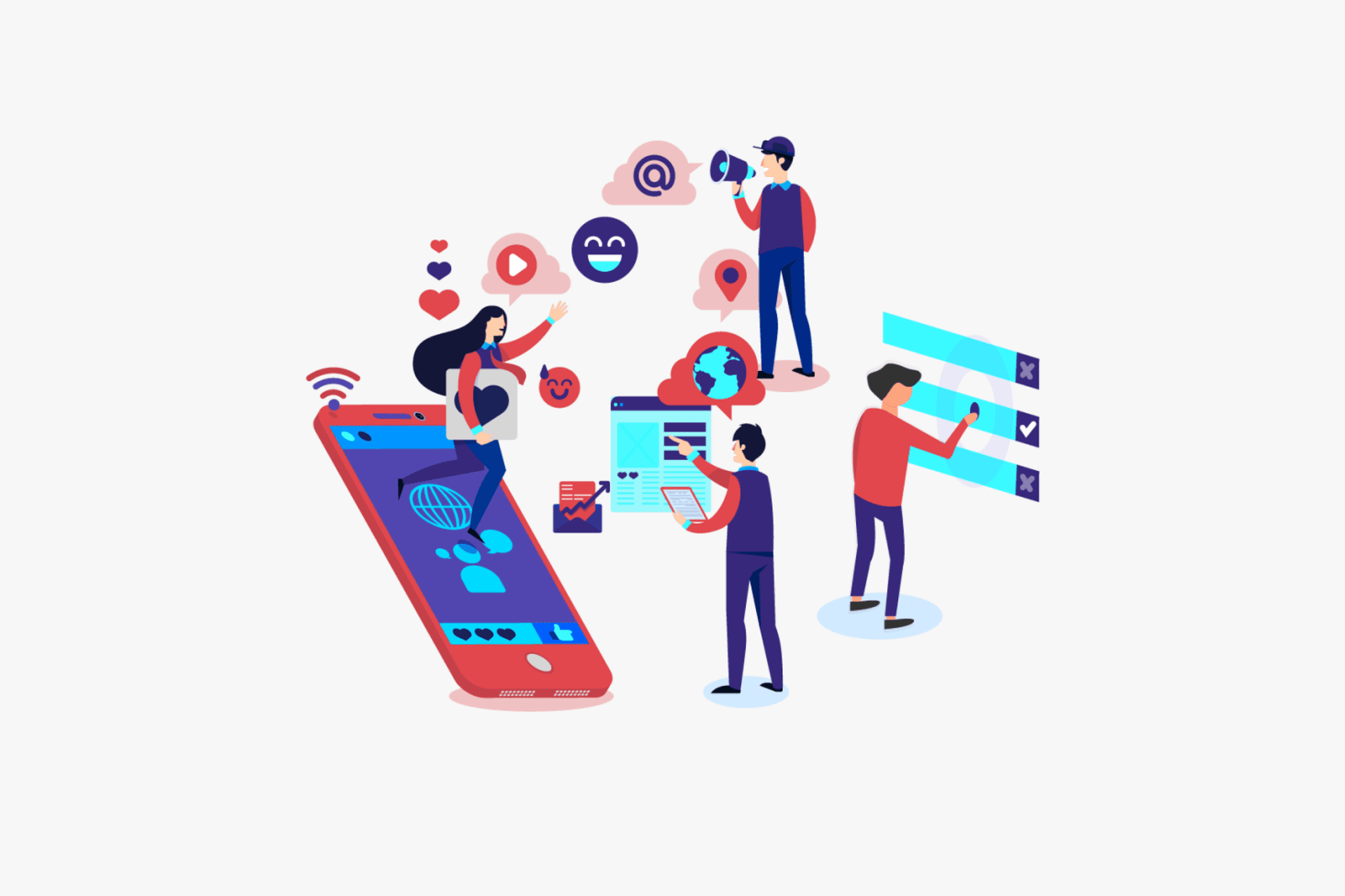 Illustration of people with phones, social network icons and statistics icons. Digiboost offers multilingual marketing services for your business to reach a broader audience.