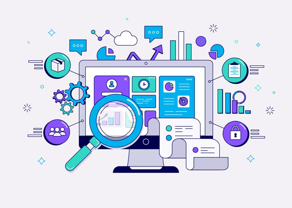 A computer illustration with research icons on the screen. Digiboost helps your business in your market research strategy
